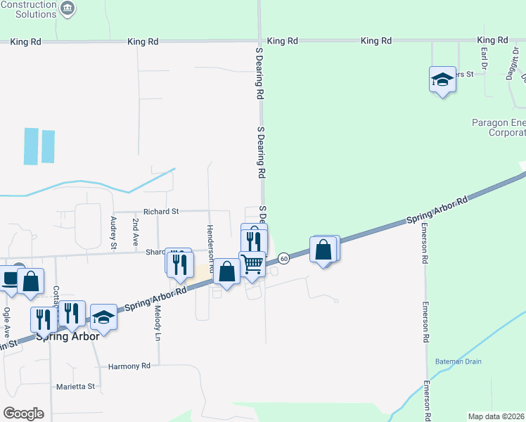 map of restaurants, bars, coffee shops, grocery stores, and more near 3500 South Dearing Road in Spring Arbor
