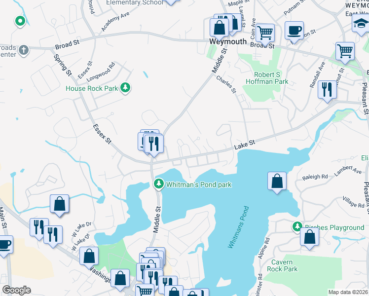 map of restaurants, bars, coffee shops, grocery stores, and more near 285 Lake Street in Weymouth