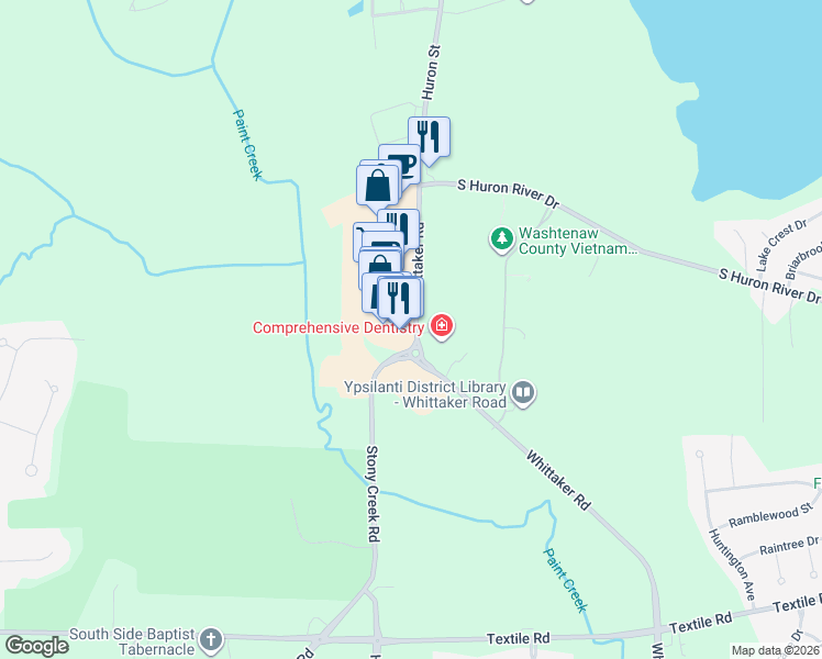 map of restaurants, bars, coffee shops, grocery stores, and more near 2122 Whittaker Rd in Ypsilanti Township