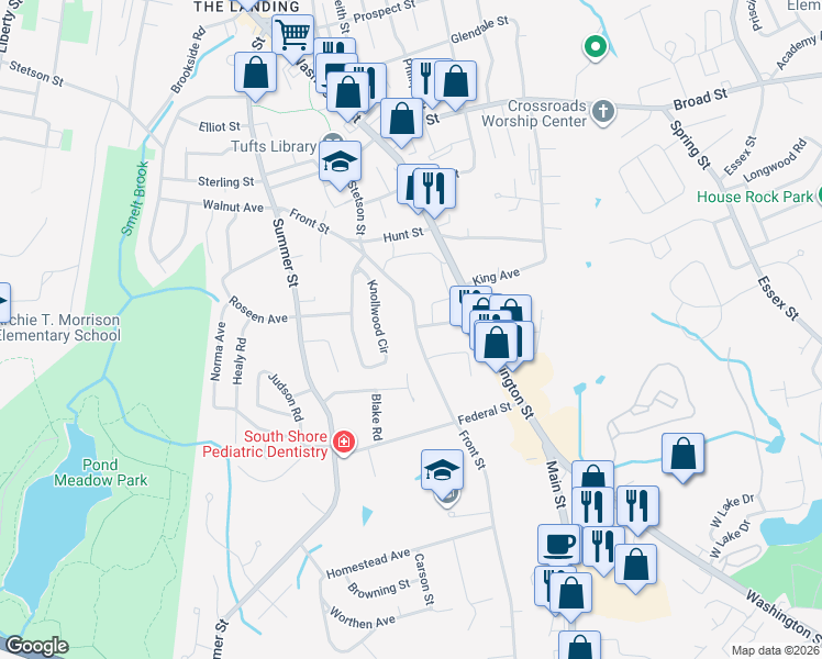 map of restaurants, bars, coffee shops, grocery stores, and more near 289 Front Street in Weymouth