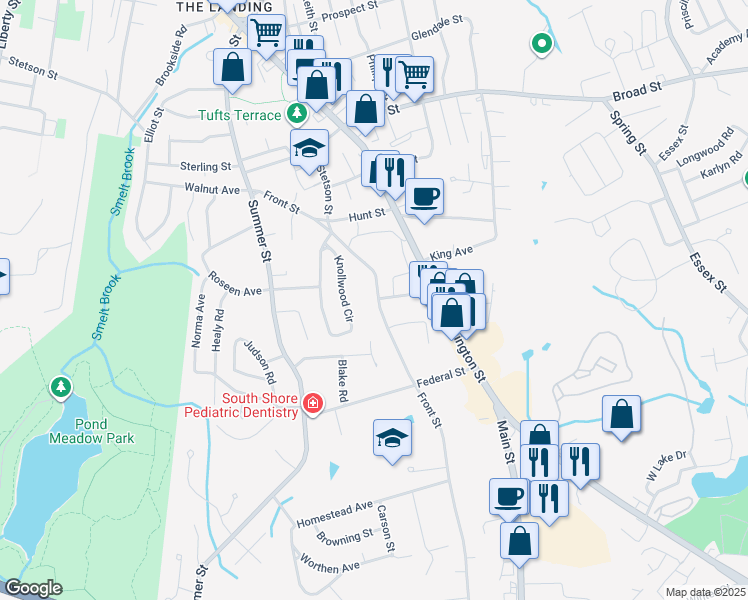 map of restaurants, bars, coffee shops, grocery stores, and more near 289 Front Street in Weymouth