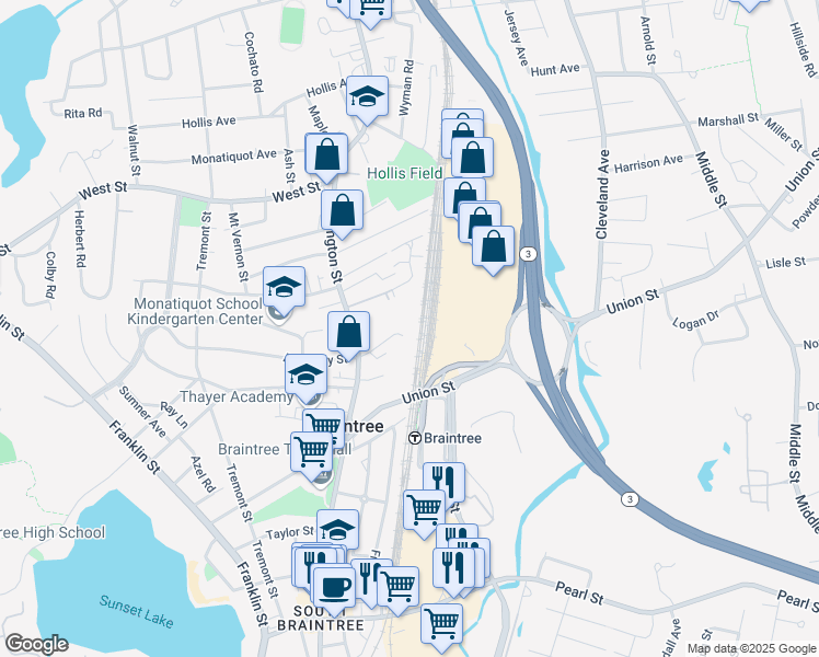 map of restaurants, bars, coffee shops, grocery stores, and more near 42 Georganna Street in Braintree