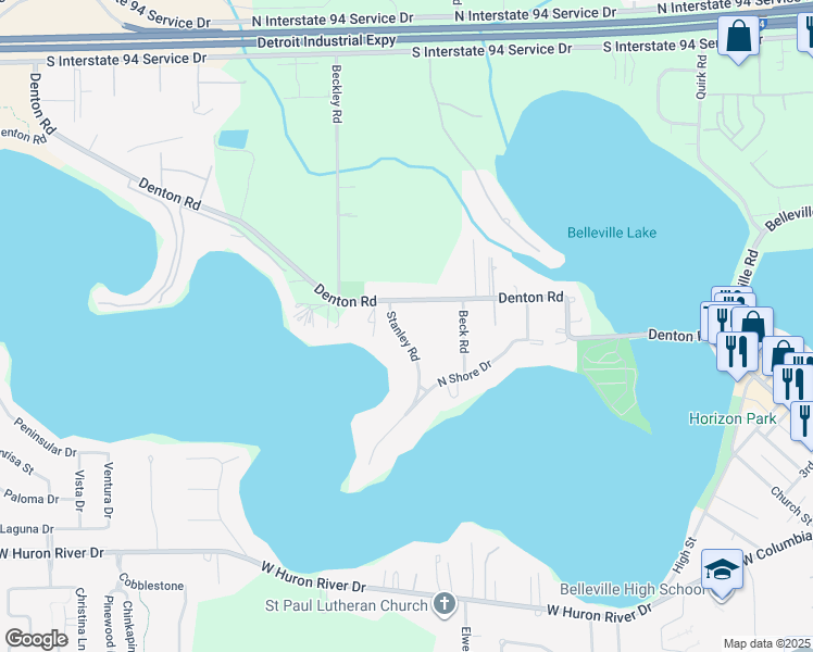 map of restaurants, bars, coffee shops, grocery stores, and more near 12560 Stanley Road in Belleville