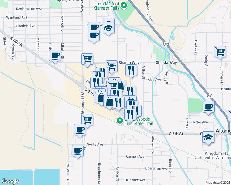 map of restaurants, bars, coffee shops, grocery stores, and more near 1920 Austin Street in Klamath Falls