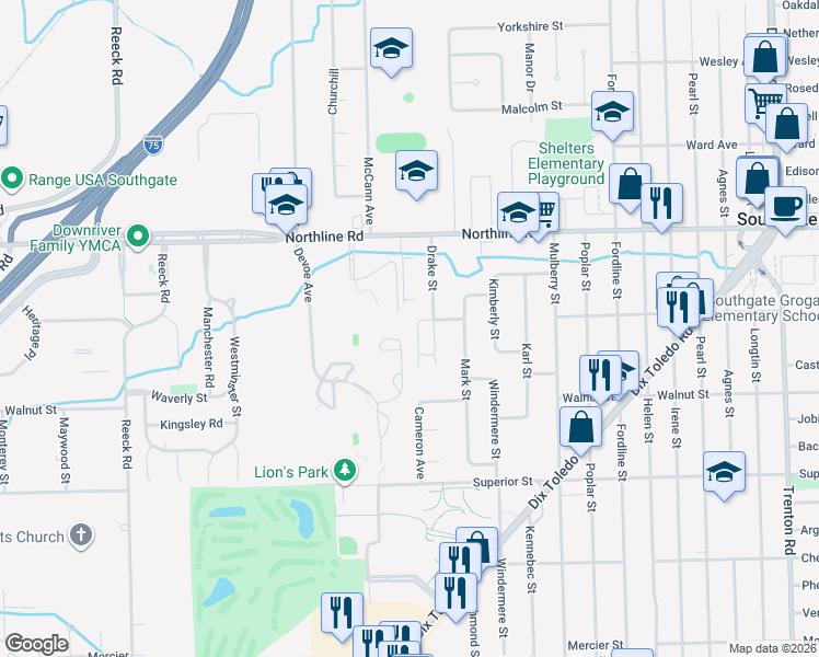 map of restaurants, bars, coffee shops, grocery stores, and more near 13282 Drake Street in Southgate