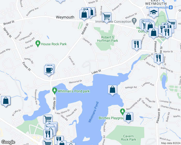 map of restaurants, bars, coffee shops, grocery stores, and more near 199 Lake Street in Weymouth