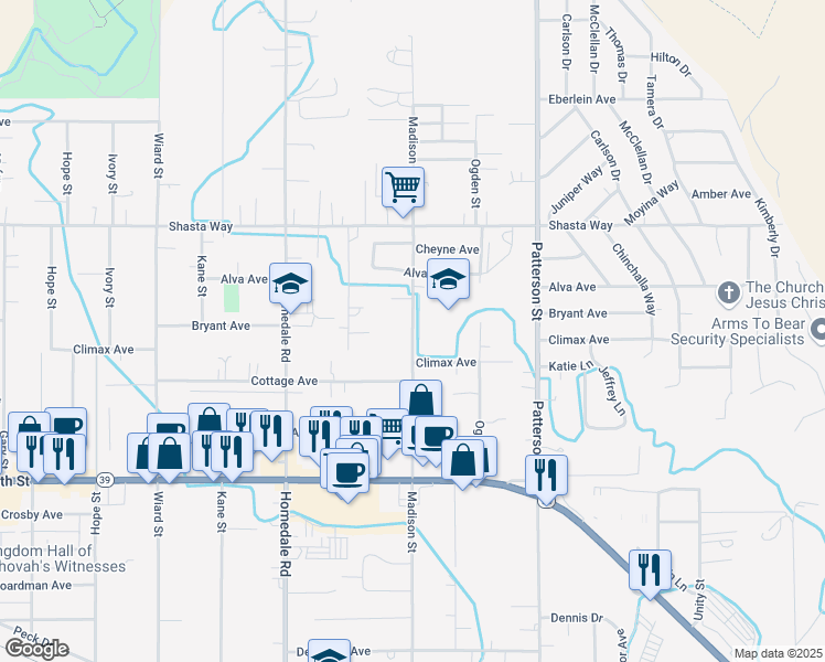 map of restaurants, bars, coffee shops, grocery stores, and more near 5718 Bryant Avenue in Klamath Falls