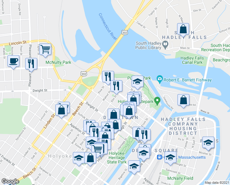 map of restaurants, bars, coffee shops, grocery stores, and more near 49 Saint Kolbe Drive in Holyoke