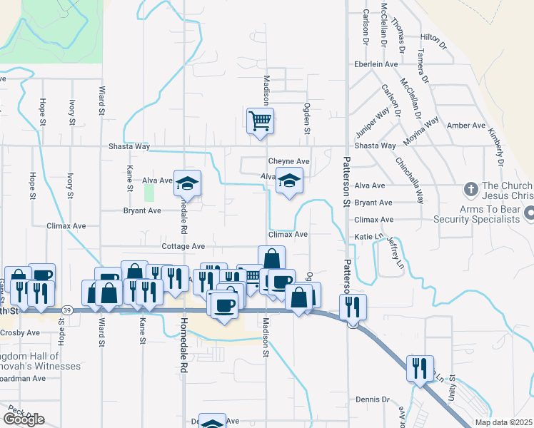 map of restaurants, bars, coffee shops, grocery stores, and more near 1951 Madison Street in Klamath Falls