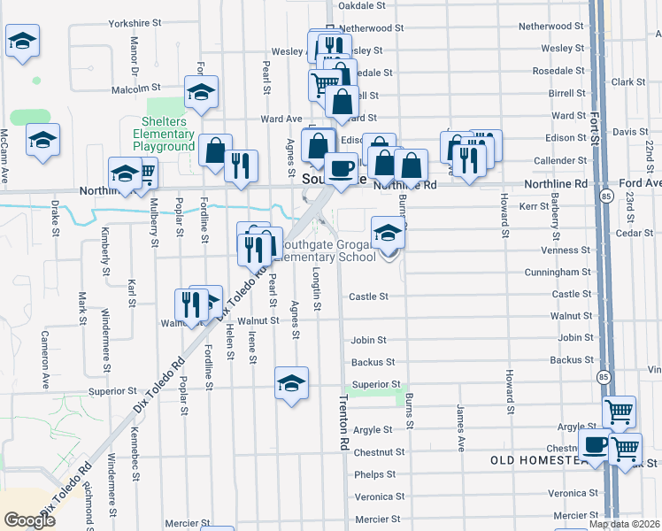 map of restaurants, bars, coffee shops, grocery stores, and more near 13249 Longtin Street in Southgate