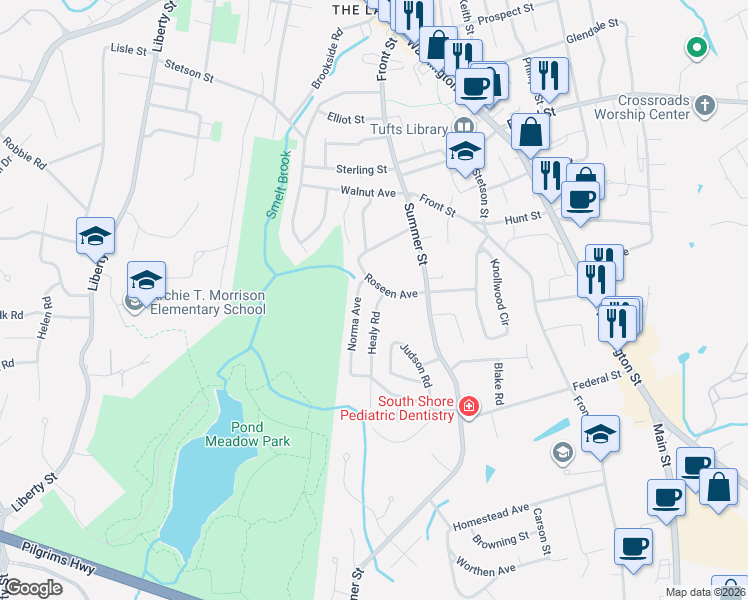 map of restaurants, bars, coffee shops, grocery stores, and more near 66 Healy Road in Weymouth