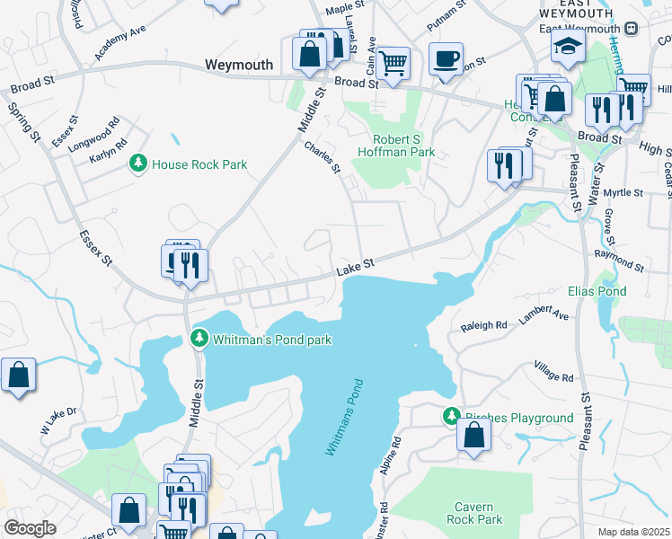 map of restaurants, bars, coffee shops, grocery stores, and more near 197 Lake Street in Weymouth