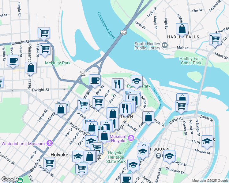 map of restaurants, bars, coffee shops, grocery stores, and more near 222 Lyman Street in Holyoke