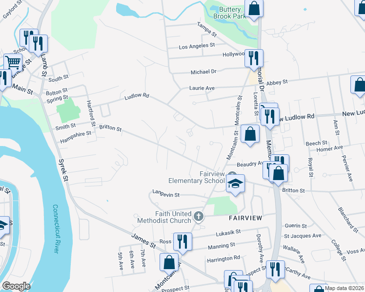 map of restaurants, bars, coffee shops, grocery stores, and more near 59 New Ludlow Road in Chicopee