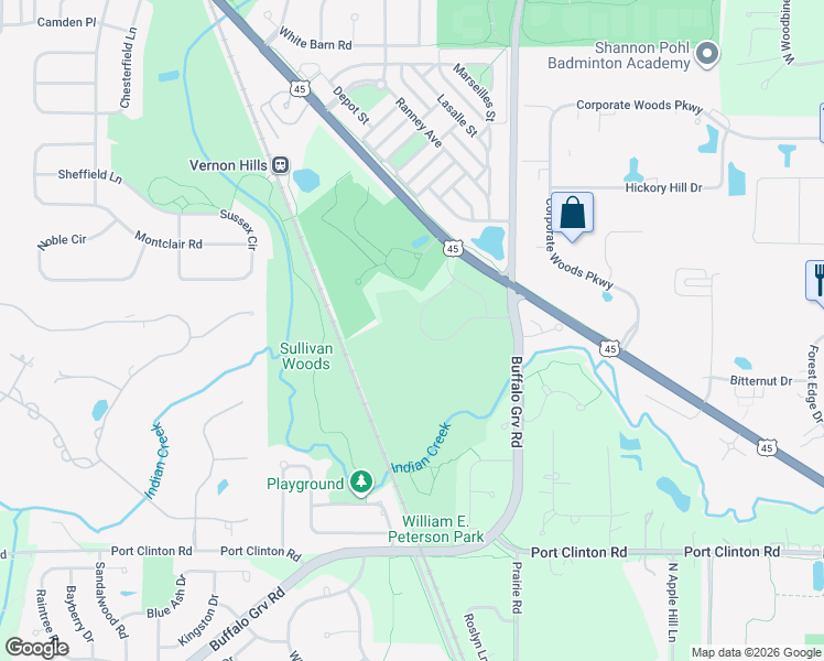 map of restaurants, bars, coffee shops, grocery stores, and more near 408 Woodland Chase Lane in Vernon Hills