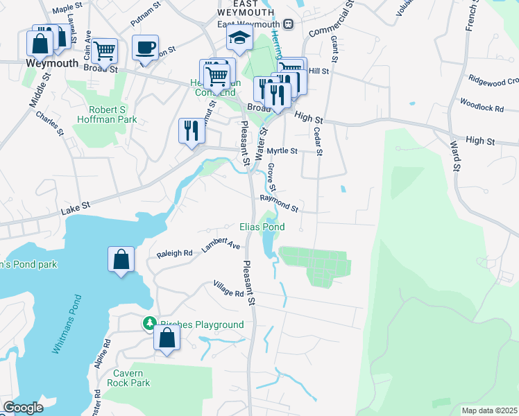map of restaurants, bars, coffee shops, grocery stores, and more near in Weymouth