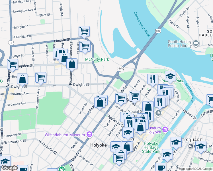 map of restaurants, bars, coffee shops, grocery stores, and more near 931-933 Dwight Street in Holyoke