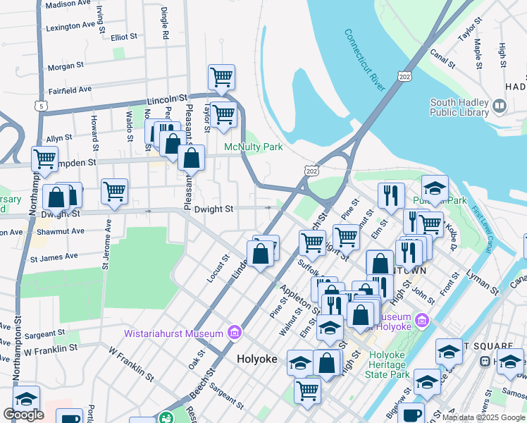 map of restaurants, bars, coffee shops, grocery stores, and more near 13 School Street in Holyoke