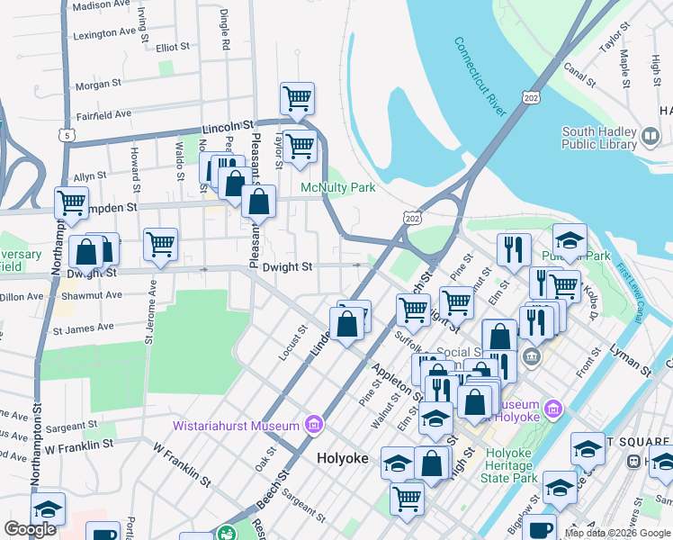 map of restaurants, bars, coffee shops, grocery stores, and more near 13 School Street in Holyoke