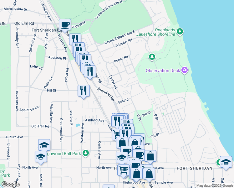 map of restaurants, bars, coffee shops, grocery stores, and more near 686 Lyster Road in Highwood