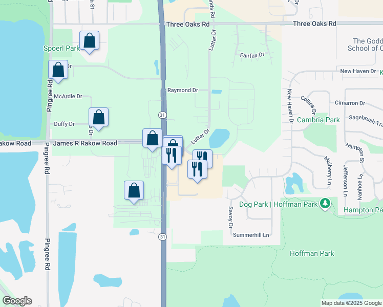map of restaurants, bars, coffee shops, grocery stores, and more near Central Park Drive in Crystal Lake