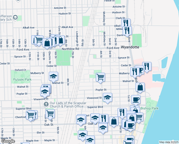 map of restaurants, bars, coffee shops, grocery stores, and more near 497 Mulberry Street in Wyandotte