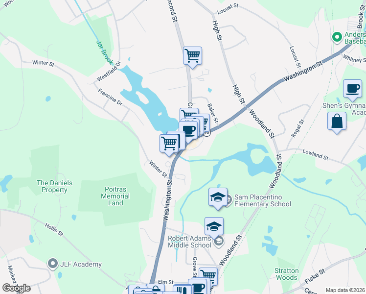 map of restaurants, bars, coffee shops, grocery stores, and more near 419 Washington Street in Holliston
