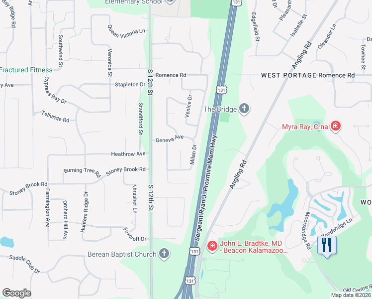 map of restaurants, bars, coffee shops, grocery stores, and more near 4687 Geneva Avenue in Portage