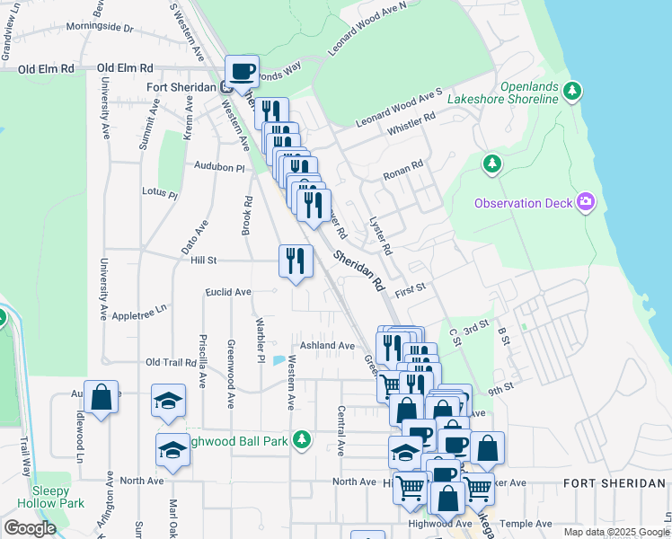 map of restaurants, bars, coffee shops, grocery stores, and more near 720 Sheridan Road in Highwood