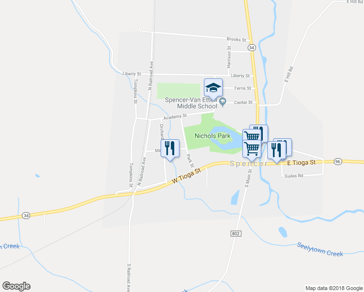 map of restaurants, bars, coffee shops, grocery stores, and more near 2 Meadow Street in Spencer
