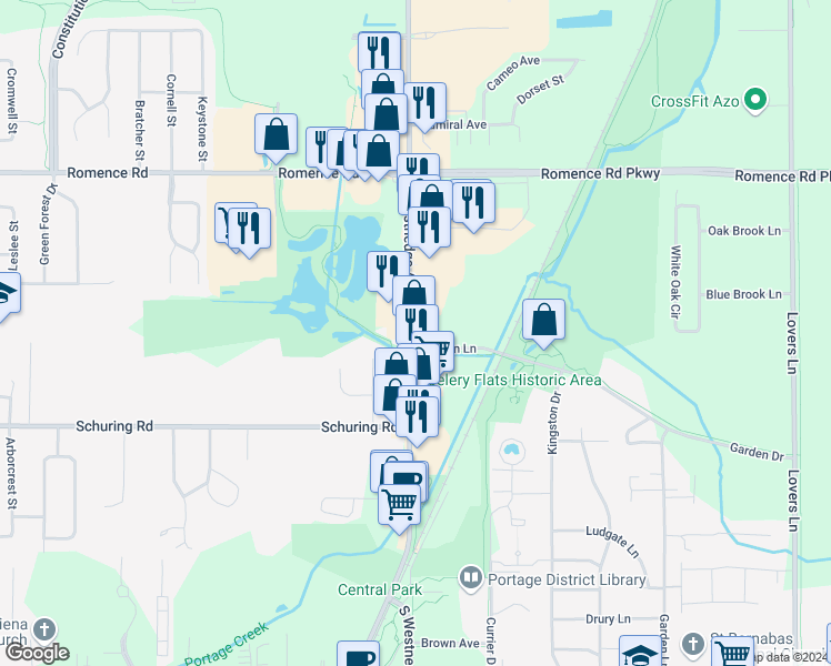 map of restaurants, bars, coffee shops, grocery stores, and more near 7313 South Westnedge Avenue in Portage
