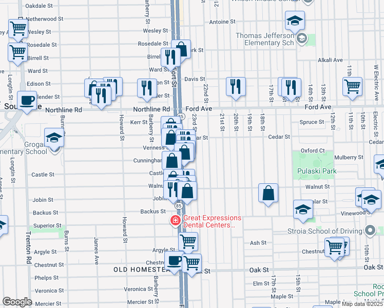 map of restaurants, bars, coffee shops, grocery stores, and more near 2224 23rd Street in Wyandotte