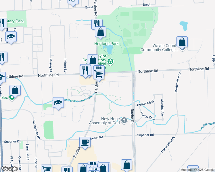 map of restaurants, bars, coffee shops, grocery stores, and more near 22387 Century Drive in Taylor