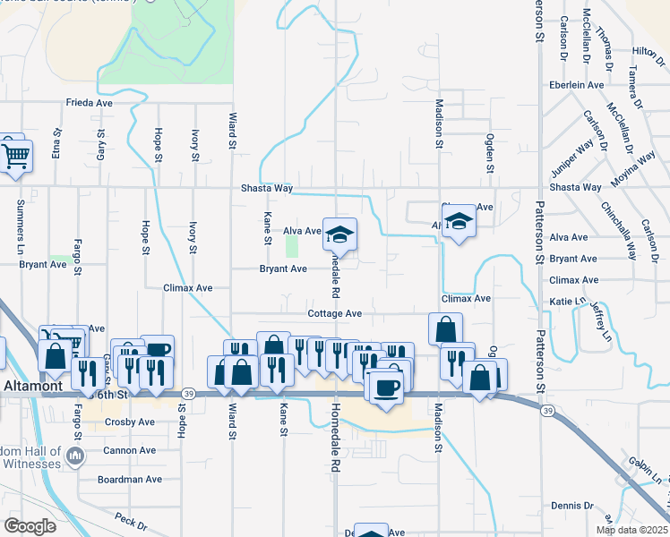map of restaurants, bars, coffee shops, grocery stores, and more near 5398 Bryant Avenue in Klamath Falls