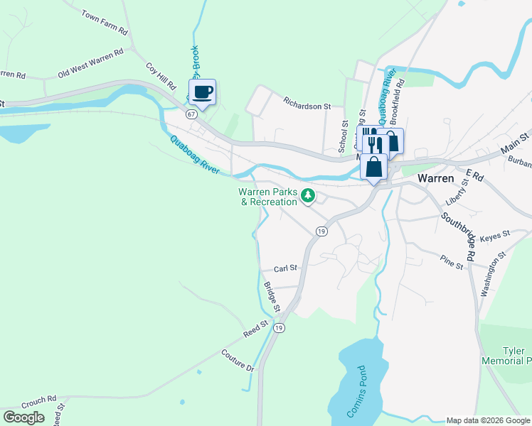 map of restaurants, bars, coffee shops, grocery stores, and more near 81 Mechanic Street in West Brookfield