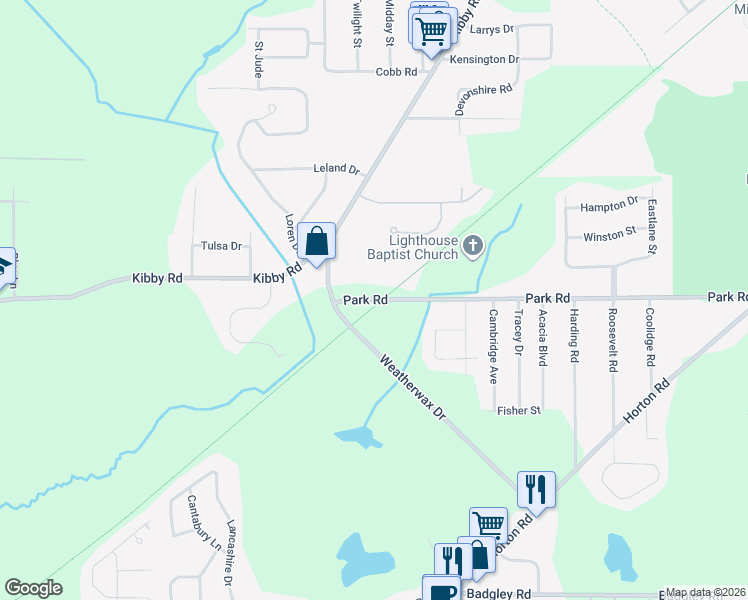 map of restaurants, bars, coffee shops, grocery stores, and more near 2102 Park Road in Jackson