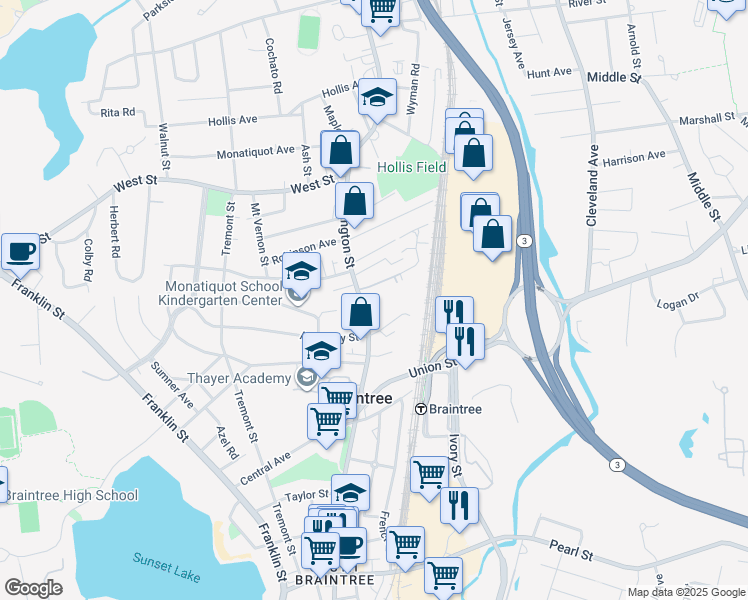 map of restaurants, bars, coffee shops, grocery stores, and more near 626 Washington Street in Braintree