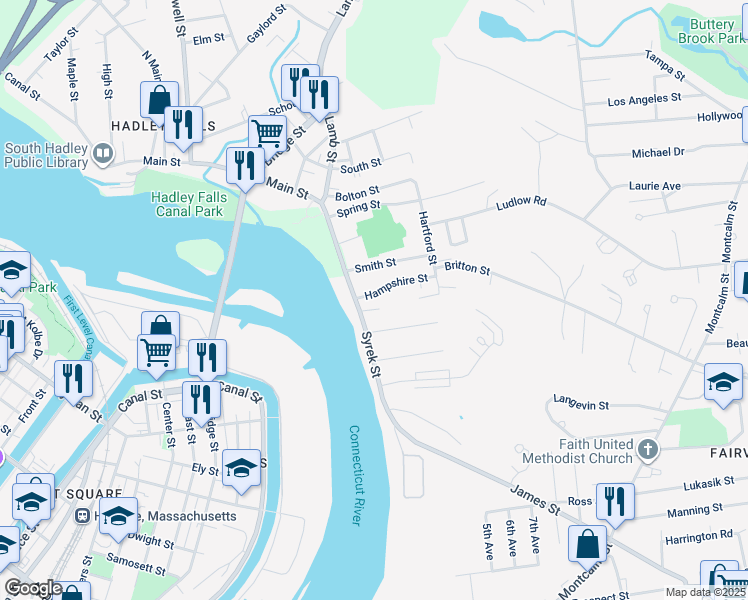map of restaurants, bars, coffee shops, grocery stores, and more near 30 Hampshire Street in Chicopee
