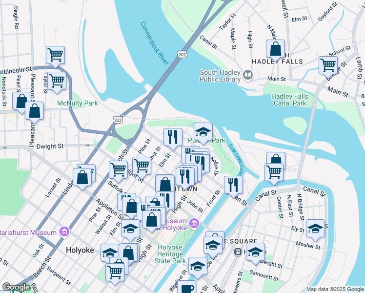 map of restaurants, bars, coffee shops, grocery stores, and more near 32-34 Saint Kolbe Drive in Holyoke