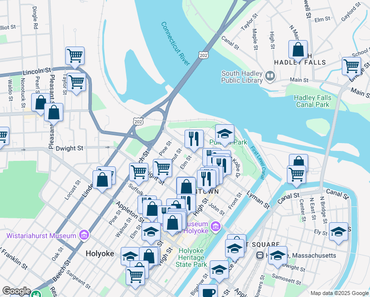 map of restaurants, bars, coffee shops, grocery stores, and more near 49 Saint Kolbe Drive in Holyoke