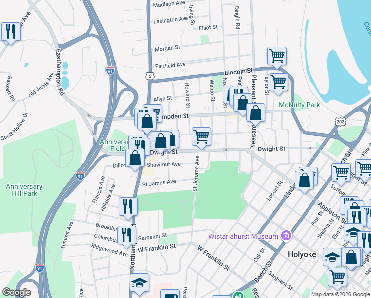 map of restaurants, bars, coffee shops, grocery stores, and more near 44 Parker Street in Holyoke