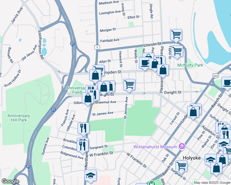 map of restaurants, bars, coffee shops, grocery stores, and more near 44 Parker Street in Holyoke
