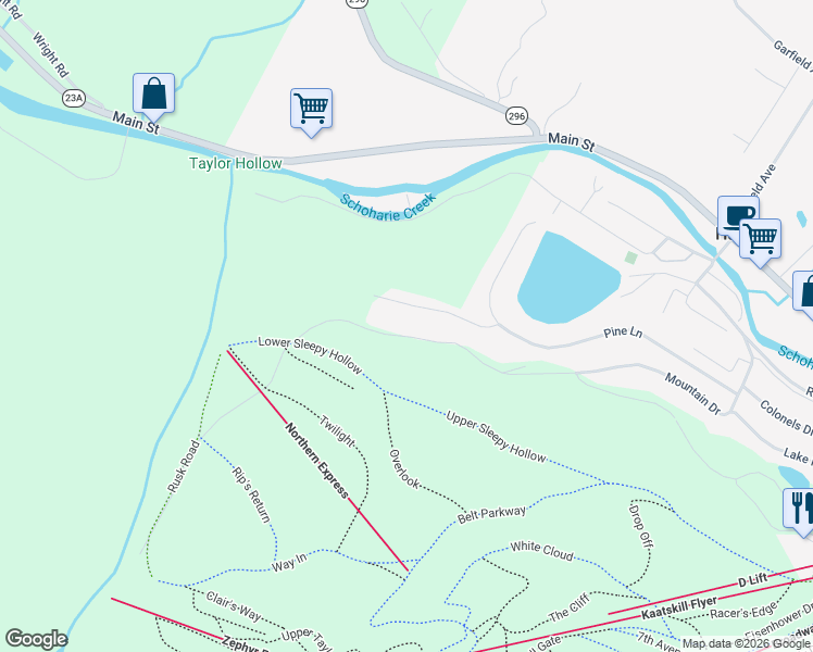 map of restaurants, bars, coffee shops, grocery stores, and more near 601-623 Hunter Ln in West Kill