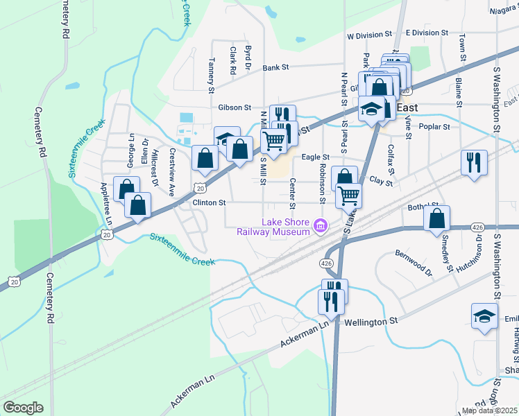map of restaurants, bars, coffee shops, grocery stores, and more near 72 Clinton St in North East