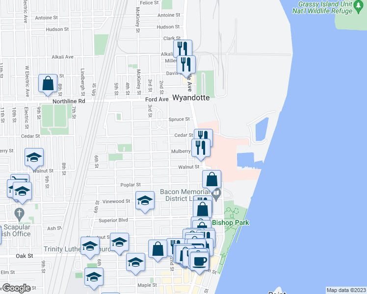 map of restaurants, bars, coffee shops, grocery stores, and more near 135 Cedar Street in Wyandotte