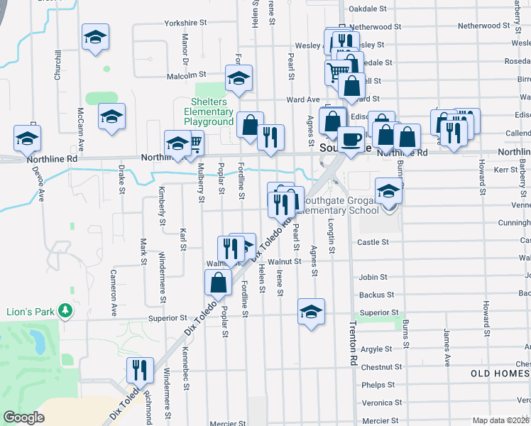 map of restaurants, bars, coffee shops, grocery stores, and more near 13143 Helen Street in Southgate