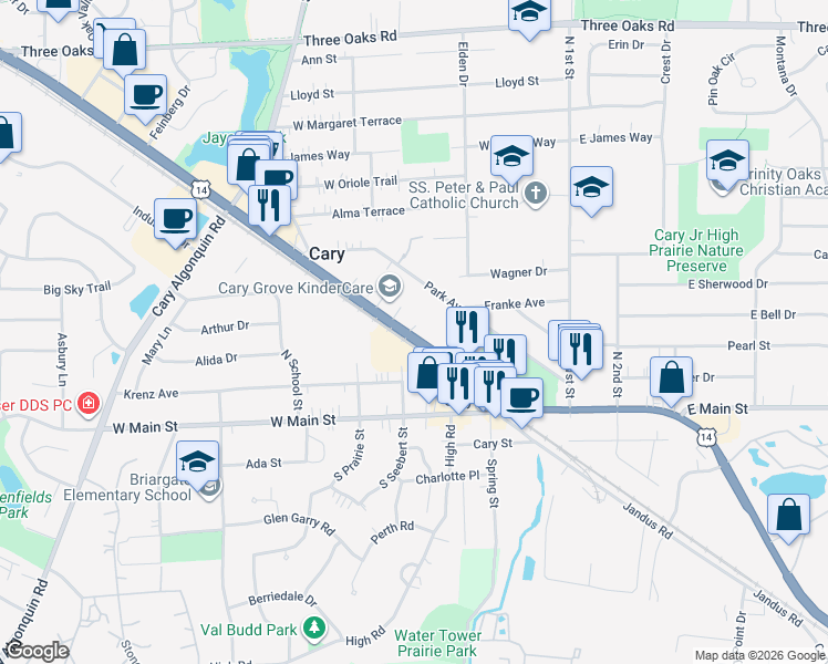 map of restaurants, bars, coffee shops, grocery stores, and more near 244 Crystal Street in Cary