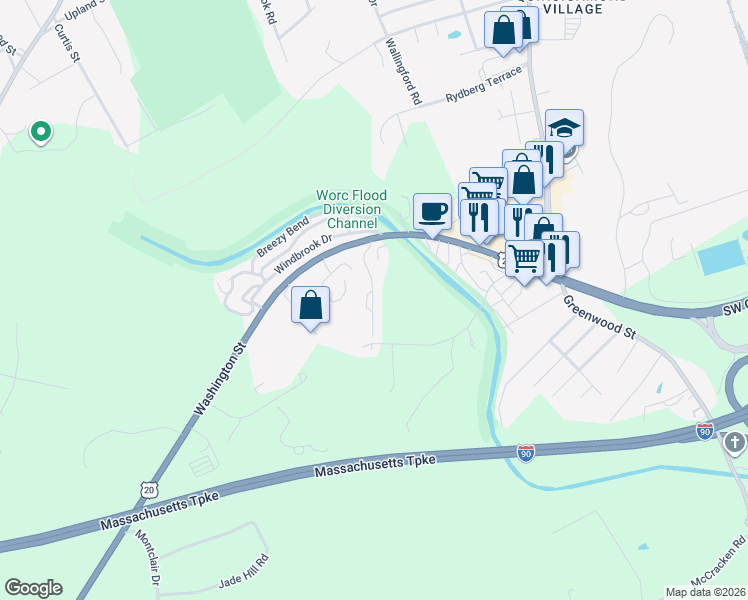 map of restaurants, bars, coffee shops, grocery stores, and more near 47 Washington Street in Auburn