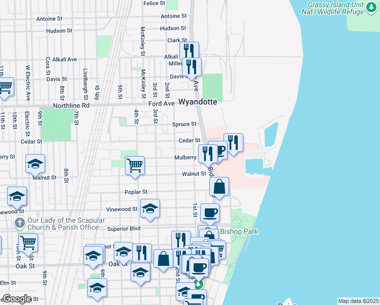 map of restaurants, bars, coffee shops, grocery stores, and more near 135 Cedar Street in Wyandotte