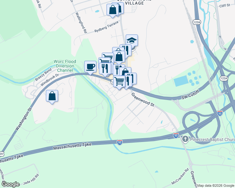 map of restaurants, bars, coffee shops, grocery stores, and more near 558 Southwest Cutoff in Worcester